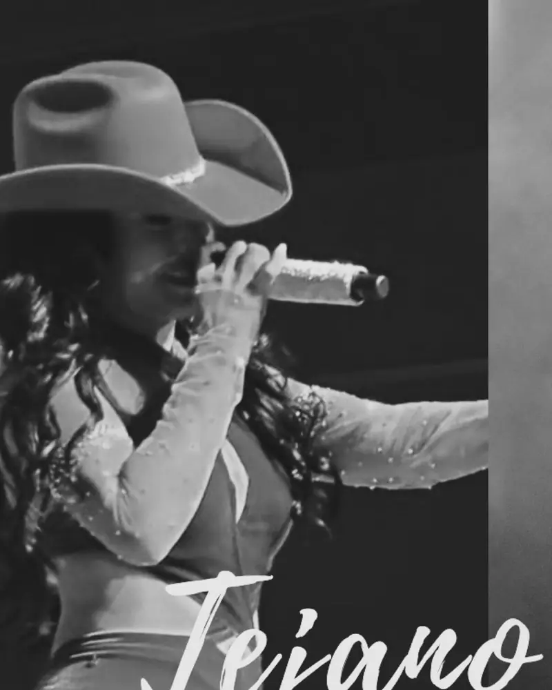 Black and white collage, top left: Carymel Rodríguez in a cowboy hat sings into a sparkling microphone