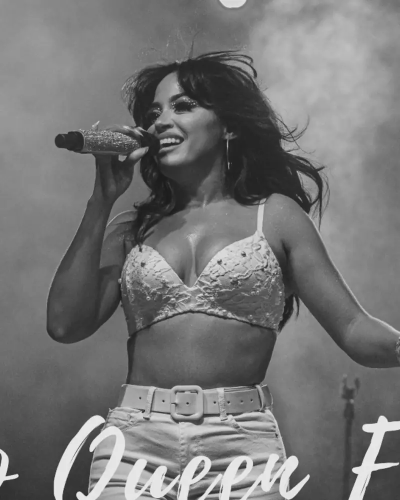 Collage, top center: Carymel Rodríguez smiles and sings in a jeweled bra top