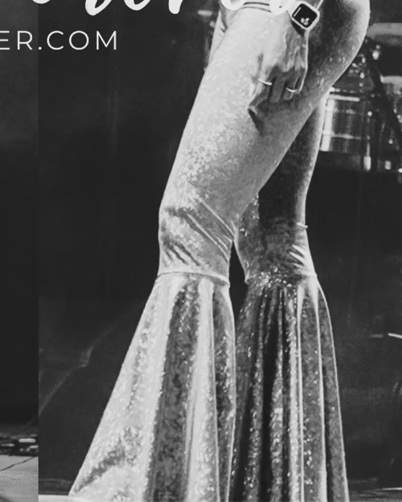 Collage, bottom right: a sparkling bell-bottom jumpsuit on stage
