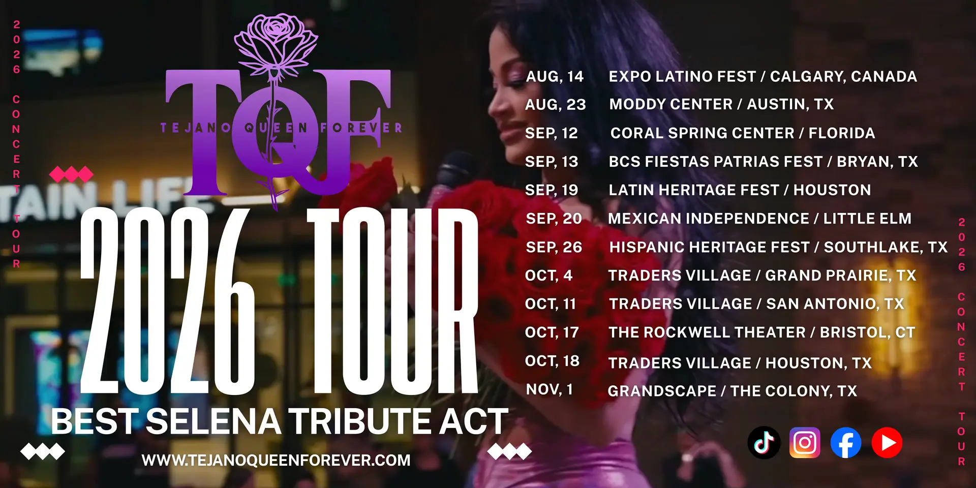 Tejano Queen Forever 2026 tour poster listing concert dates from August 14 to November 1